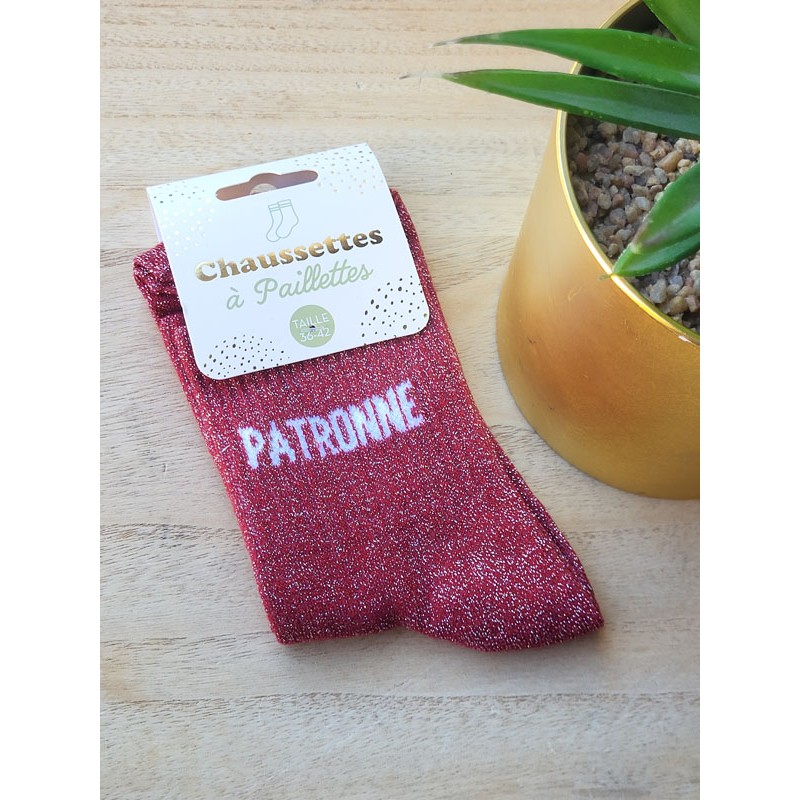 Chaussettes à paillettes "patronne" bordeaux