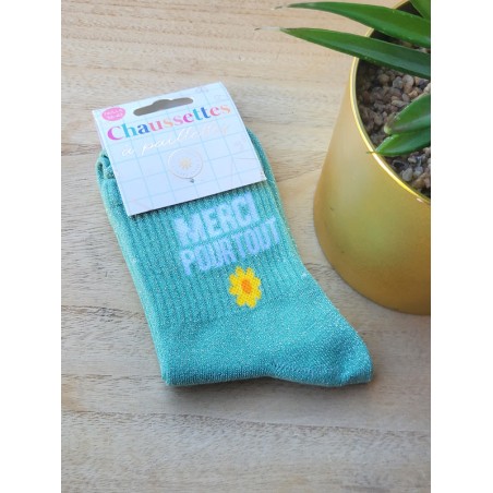 Chaussettes à paillettes "merci pour tout" vertes