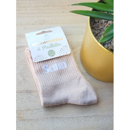 Chaussettes à paillettes "seum" beiges