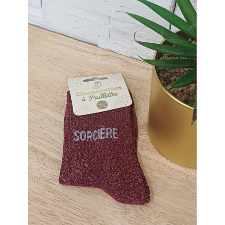 Chaussettes à paillettes "sorcière" bordeaux
