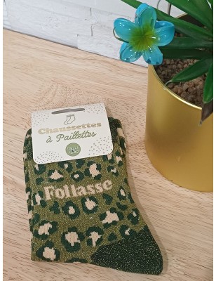 chaussettes à paillettes "follasse" kaki leopard