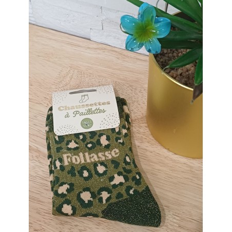 chaussettes à paillettes "follasse" kaki leopard