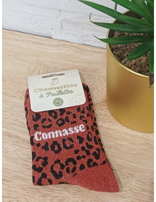 chaussettes à paillettes "connasse"  rouille leopard