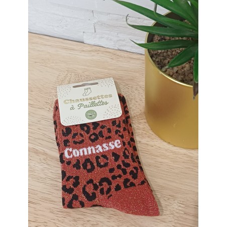 chaussettes à paillettes "connasse"  rouille leopard
