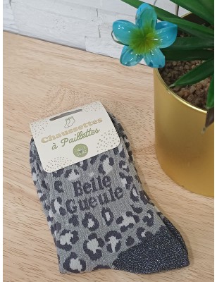 Chaussettes à paillettes "belle gueule" grises leopard