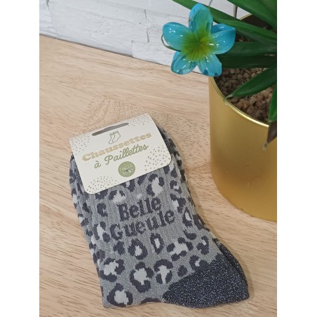 Chaussettes à paillettes "belle gueule" grises leopard