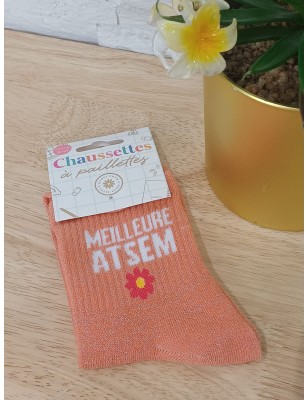 Chaussettes à paillettes "meilleure atsem" orange