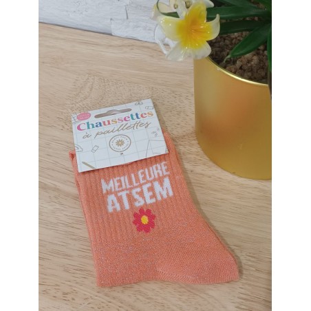 Chaussettes à paillettes "meilleure atsem" orange
