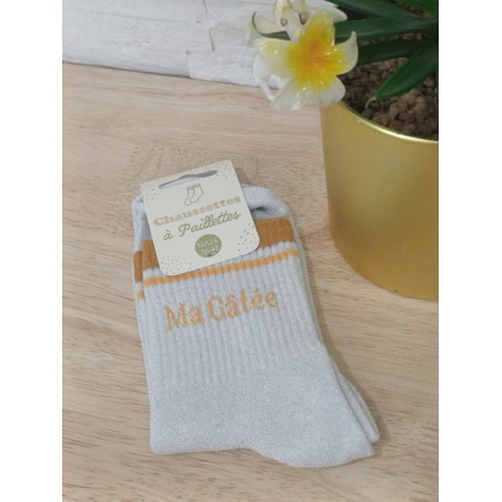 Chaussettes à paillettes "ma gatée" dorées