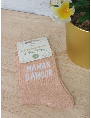 Chaussettes à paillettes "maman d'amour" saumon