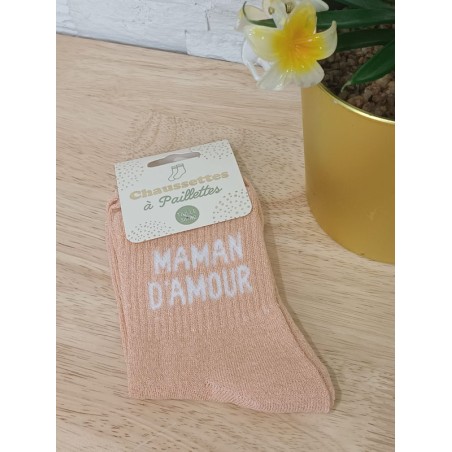 Chaussettes à paillettes "maman d'amour" saumon