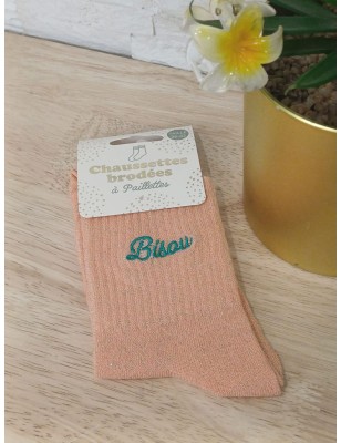 Chaussettes à paillettes "bisou" saumon