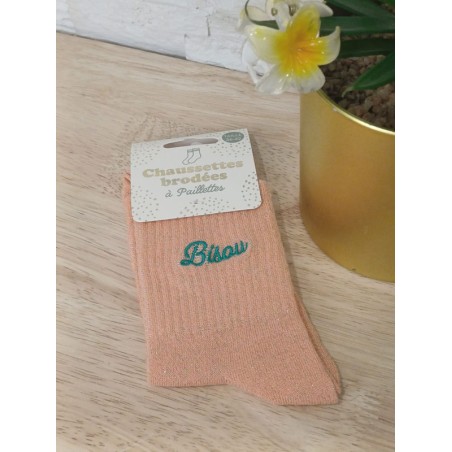 Chaussettes à paillettes "bisou" saumon