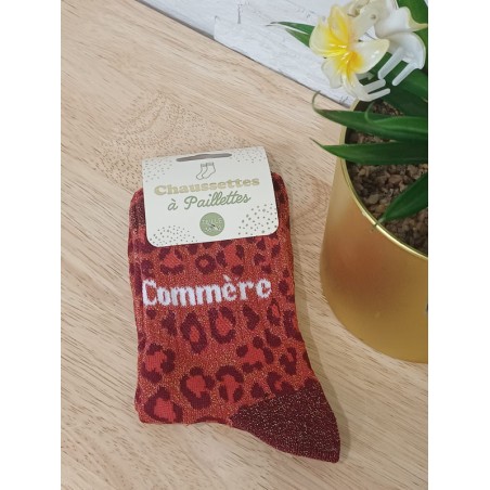 chaussettes à paillettes "commère"  rouge leopard