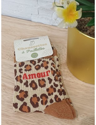Chaussettes à paillettes "amour" dorées leopard