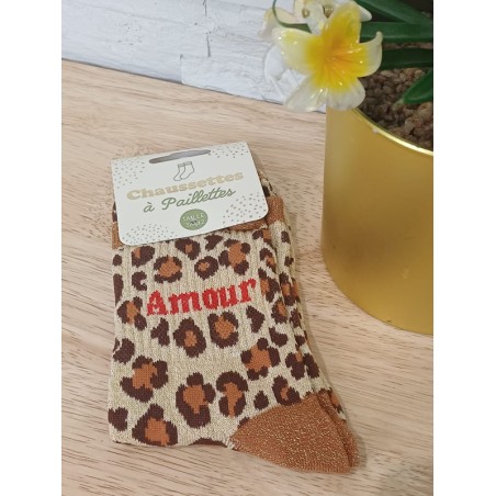 Chaussettes à paillettes "amour" dorées leopard