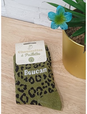 chaussettes à paillettes "boucan" kaki leopard