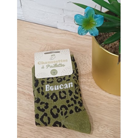 chaussettes à paillettes "boucan" kaki leopard